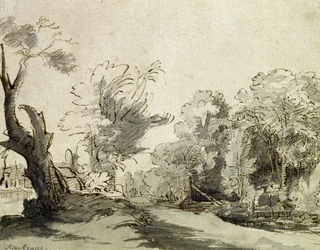 Landschap met een pad, een bijna dode boom links en een voetbrug naar een boerderij rechts